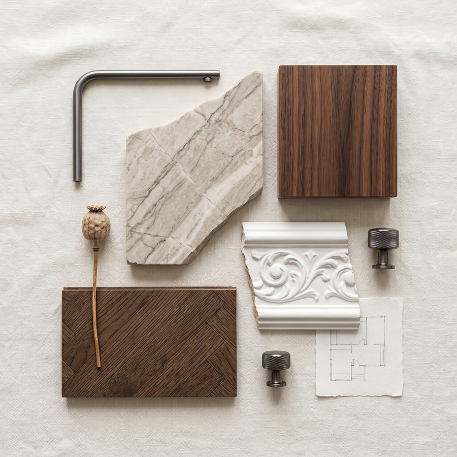 Moodboard Quarzit und Nussbaum
